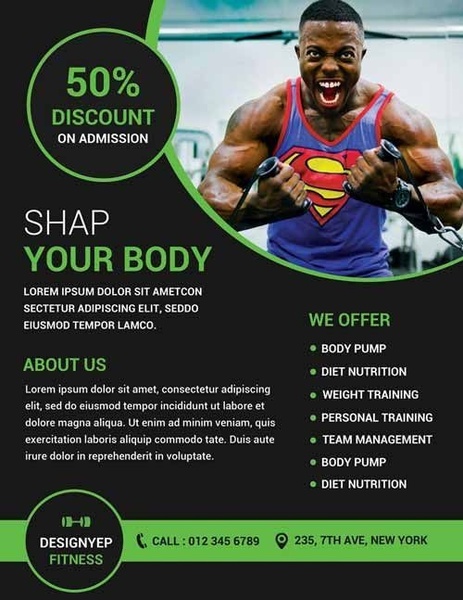 A 3:4 aspect ratio fitness center ad featuring a high-energy athlete and a clear 50% discount offer to drive local gym memberships.